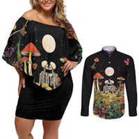 Skeleton Lovers Couples Matching Off Shoulder Short Dress and Long Sleeve Button Shirt Hippie Gothic Aesthetic - Wonder Print Shop