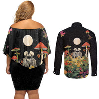 Skeleton Lovers Couples Matching Off Shoulder Short Dress and Long Sleeve Button Shirt Hippie Gothic Aesthetic - Wonder Print Shop