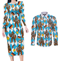 Funny Bigfoot Oktoberfest Couples Matching Long Sleeve Bodycon Dress and Long Sleeve Button Shirt Sasquatch Beer Pretzel Bavarian - Wonder Print Shop