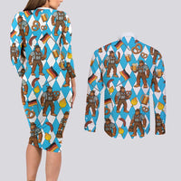 Funny Bigfoot Oktoberfest Couples Matching Long Sleeve Bodycon Dress and Long Sleeve Button Shirt Sasquatch Beer Pretzel Bavarian - Wonder Print Shop