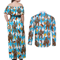 Funny Bigfoot Oktoberfest Couples Matching Off Shoulder Maxi Dress and Long Sleeve Button Shirt Sasquatch Beer Pretzel Bavarian - Wonder Print Shop