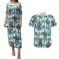 Funny Bigfoot Oktoberfest Couples Matching Puletasi and Hawaiian Shirt Sasquatch Beer Pretzel Bavarian - Wonder Print Shop