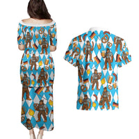Funny Bigfoot Oktoberfest Couples Matching Puletasi and Hawaiian Shirt Sasquatch Beer Pretzel Bavarian - Wonder Print Shop