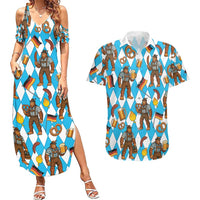 Funny Bigfoot Oktoberfest Couples Matching Summer Maxi Dress and Hawaiian Shirt Sasquatch Beer Pretzel Bavarian - Wonder Print Shop