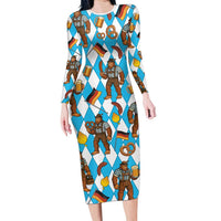 Funny Bigfoot Oktoberfest Family Matching Long Sleeve Bodycon Dress and Hawaiian Shirt Sasquatch Beer Pretzel Bavarian - Wonder Print Shop