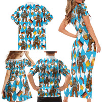 Funny Bigfoot Oktoberfest Family Matching Short Sleeve Bodycon Dress and Hawaiian Shirt Sasquatch Beer Pretzel Bavarian - Wonder Print Shop