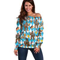 Funny Bigfoot Oktoberfest Off Shoulder Sweater Sasquatch Beer Pretzel Bavarian - Wonder Print Shop