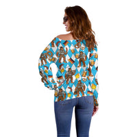 Funny Bigfoot Oktoberfest Off Shoulder Sweater Sasquatch Beer Pretzel Bavarian - Wonder Print Shop