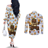 Funny Beer Oktoberfest Couples Matching Off The Shoulder Long Sleeve Dress and Long Sleeve Button Shirt Ich Bin Nur Wegen Dem Bier Hier - Wonder Print Shop