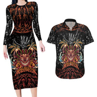 Aloha Halloween Couples Matching Long Sleeve Bodycon Dress and Hawaiian Shirt Horror Tiki Heavy Metal Style - Wonder Print Shop