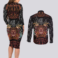 Aloha Halloween Couples Matching Long Sleeve Bodycon Dress and Long Sleeve Button Shirt Horror Tiki Heavy Metal Style - Wonder Print Shop