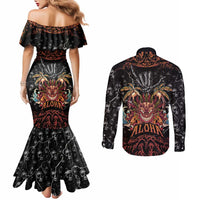 Aloha Halloween Couples Matching Mermaid Dress and Long Sleeve Button Shirt Horror Tiki Heavy Metal Style - Wonder Print Shop