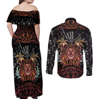 Aloha Halloween Couples Matching Off Shoulder Maxi Dress and Long Sleeve Button Shirt Horror Tiki Heavy Metal Style - Wonder Print Shop