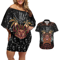 Aloha Halloween Couples Matching Off Shoulder Short Dress and Hawaiian Shirt Horror Tiki Heavy Metal Style - Wonder Print Shop