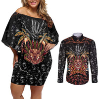 Aloha Halloween Couples Matching Off Shoulder Short Dress and Long Sleeve Button Shirt Horror Tiki Heavy Metal Style - Wonder Print Shop