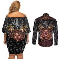 Aloha Halloween Couples Matching Off Shoulder Short Dress and Long Sleeve Button Shirt Horror Tiki Heavy Metal Style - Wonder Print Shop