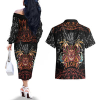 Aloha Halloween Couples Matching Off The Shoulder Long Sleeve Dress and Hawaiian Shirt Horror Tiki Heavy Metal Style - Wonder Print Shop