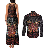Aloha Halloween Couples Matching Tank Maxi Dress and Long Sleeve Button Shirt Horror Tiki Heavy Metal Style - Wonder Print Shop