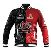 New Zealand And England Rugby Custom Baseball Jacket Red Rose Mix Maori Pattern - Wonder Print Shop