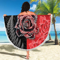 New Zealand And England Rugby Beach Blanket Red Rose Mix Maori Pattern - Wonder Print Shop