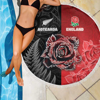New Zealand And England Rugby Beach Blanket Red Rose Mix Maori Pattern - Wonder Print Shop