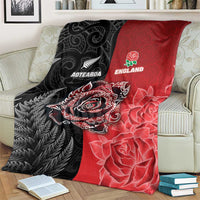 New Zealand And England Rugby Blanket Red Rose Mix Maori Pattern - Wonder Print Shop