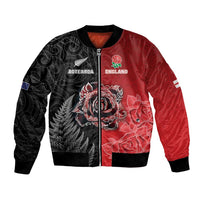 New Zealand And England Rugby Custom Bomber Jacket Red Rose Mix Maori Pattern - Wonder Print Shop