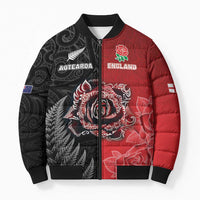 New Zealand And England Rugby Custom Bomber Puffer Jacket Red Rose Mix Maori Pattern - Wonder Print Shop