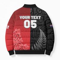New Zealand And England Rugby Custom Bomber Puffer Jacket Red Rose Mix Maori Pattern - Wonder Print Shop