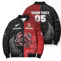 New Zealand And England Rugby Custom Bomber Puffer Jacket Red Rose Mix Maori Pattern - Wonder Print Shop
