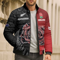 New Zealand And England Rugby Custom Bomber Puffer Jacket Red Rose Mix Maori Pattern - Wonder Print Shop