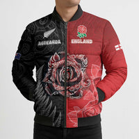 New Zealand And England Rugby Custom Bomber Puffer Jacket Red Rose Mix Maori Pattern - Wonder Print Shop