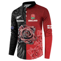 New Zealand And England Rugby Custom Button Sweatshirt Red Rose Mix Maori Pattern - Wonder Print Shop