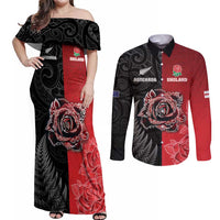 New Zealand And England Rugby Custom Couples Matching Off Shoulder Maxi Dress and Long Sleeve Button Shirt Red Rose Mix Maori Pattern - Wonder Print Shop