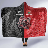New Zealand And England Rugby Hooded Blanket Red Rose Mix Maori Pattern - Wonder Print Shop