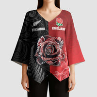 New Zealand And England Rugby Custom Kimono Sleeve Blouse Red Rose Mix Maori Pattern - Wonder Print Shop