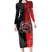 New Zealand And England Rugby Custom Long Sleeve Bodycon Dress Red Rose Mix Maori Pattern - Wonder Print Shop