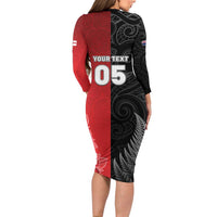 New Zealand And England Rugby Custom Long Sleeve Bodycon Dress Red Rose Mix Maori Pattern - Wonder Print Shop