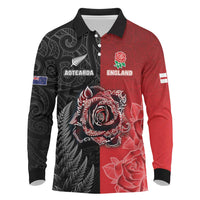 New Zealand And England Rugby Custom Long Sleeve Polo Shirt Red Rose Mix Maori Pattern - Wonder Print Shop