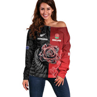 New Zealand And England Rugby Custom Off Shoulder Sweater Red Rose Mix Maori Pattern - Wonder Print Shop