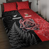 New Zealand And England Rugby Quilt Bed Set Red Rose Mix Maori Pattern - Wonder Print Shop