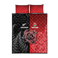New Zealand And England Rugby Quilt Bed Set Red Rose Mix Maori Pattern - Wonder Print Shop