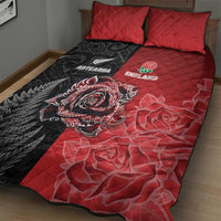 New Zealand And England Rugby Quilt Bed Set Red Rose Mix Maori Pattern - Wonder Print Shop