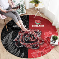 New Zealand And England Rugby Round Carpet Red Rose Mix Maori Pattern - Wonder Print Shop