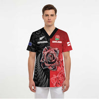 New Zealand And England Rugby Custom Scrub Top Red Rose Mix Maori Pattern - Wonder Print Shop