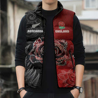 New Zealand And England Rugby Custom Sleeveless Puffer Jacket Red Rose Mix Maori Pattern - Wonder Print Shop
