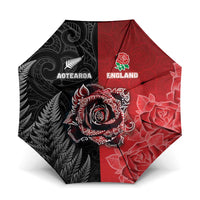 New Zealand And England Rugby Umbrella Red Rose Mix Maori Pattern - Wonder Print Shop