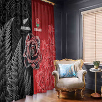 New Zealand And England Rugby Window Curtain Red Rose Mix Maori Pattern - Wonder Print Shop