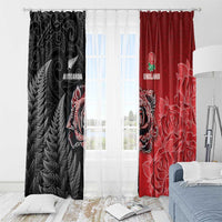New Zealand And England Rugby Window Curtain Red Rose Mix Maori Pattern - Wonder Print Shop