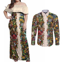 Hawaii And Japan Couples Matching Off Shoulder Maxi Dress and Long Sleeve Button Shirt Tiki With Oni Mask - Wonder Print Shop